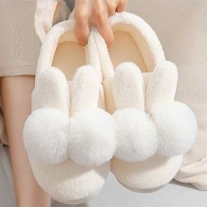 Belle peluche oreilles de lapin moelleux fausse fourrure couverture chaude talon maison pantoufle intérieur chaussures plates hiver extérieur coton diapositives 211110