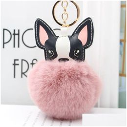 Mooie Pompom Bldog Keychain Fluffy konijn fur ball Dog Charm Leather Keyring dames tas auto sleutelring drop levering