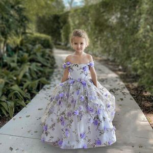 Precioso vestido de fiesta estampado, vestidos de niña de flores para boda, vestidos de desfile con hombros descubiertos, vestido de primera comunión de tul con apliques 3D