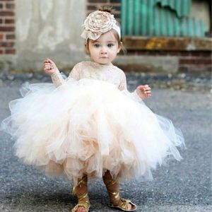 Belle Puffy Tulle Robe De Bal Fleur Fille Robe Bijou Dentelle Manches Longues Bébé Communion Robe Filles Robe Formelle Pour Les Mariages Baptême Dres