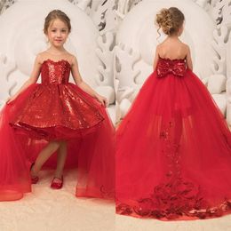 Precioso vestido de bola rojo Vestidos de niña de las flores para bodas Sheer Jewel Neck Lace Girls Formal Kids Wear Vestidos de primera comunión Pageant P248t