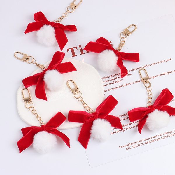 Joli nœud rouge velours porte-clés pour femmes filles en peluche pendentif porte-clés mignon voiture porte-clés sac à main accessoires