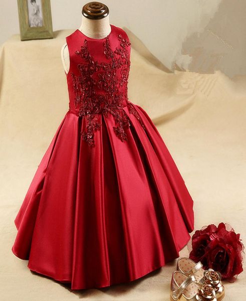 Belle dentelle rouge Satin fleur fille robes sans manches dentelle étage robe de bal petite fille robes pour les mariages fête Prom9578762