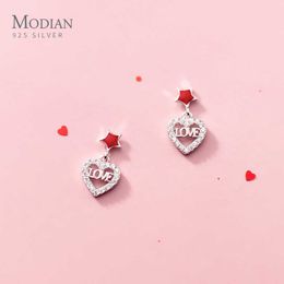 Adorável Red Star Drop Brinco para Mulheres Retro 925 Sterling Silver Clear CZ Carta Love Hearts Dangle Brincos Fine Jewelry 210707