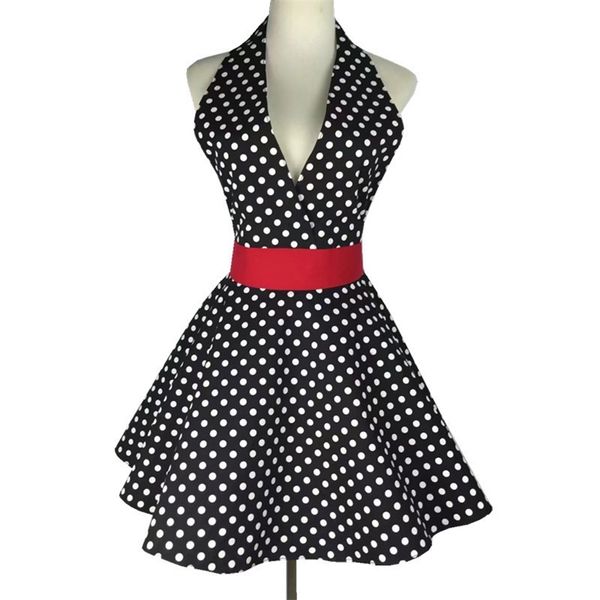 Encantadores delantales retro para mujer lindo algodón ajustable Sexy con cuello en V lunares negro delantal clásico Big Wave 210625