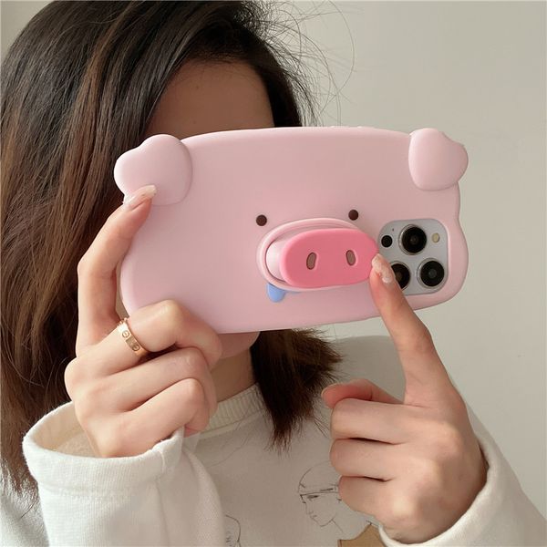 Joli étui de support de cochon de dessin animé en Silicone pour IPhone 14 13 12 11 Plus Pro Max antichoc 3D porte-nez mignon couverture de Protection souple