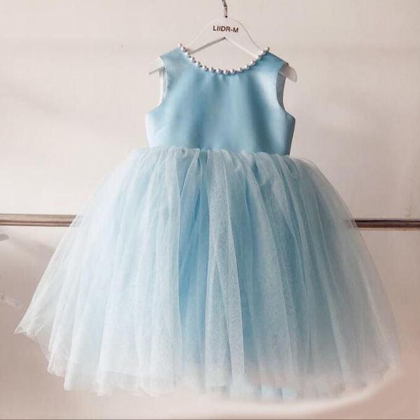 Preciosos vestidos para niñas de flores azul cielo para bodas Joya Satén Tul Perlas Sin espalda Princesa Niños Boda Cumpleaños Vestidos de fiesta hasta el suelo