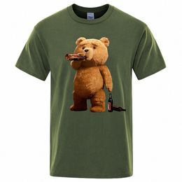 Encantador Ted Bear Bebida Cerveza Cartel Divertido Impreso Camiseta Hombres Fi Casual Mangas cortas sueltas de gran tamaño Tee Street Hip Hop Tops D4WE #