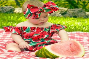 Mooie peuter babymeisje watermeloenen geprinte rompers ruches mouwen romper bodysuit off schouder jumpsuit outfit set met hoofdband1992837