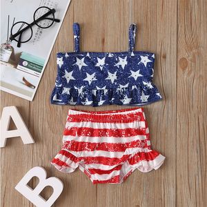 Mooie peuter twee-stukken baby gestreepte sterren badpak baby gilrs rimpel elementen bikini set strand badpak strand zwemartikelen