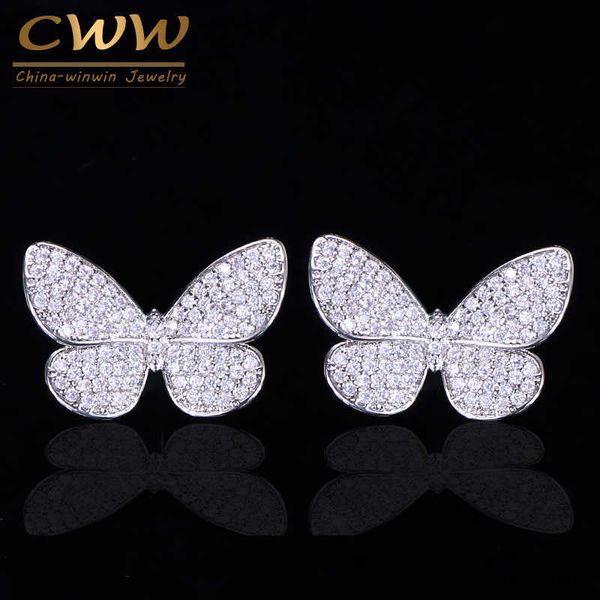 Lovely Trendy Micro Pave Cubic Zirconia Stud Pendientes Lindo Vivid Insect Butterfly Shape Fashion Ladies Jewelry CZ163 210714