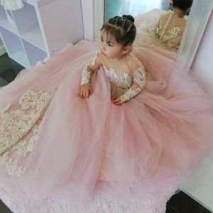 Belle robes de fille de fleur de tulle pour les mariages rose lisse joyau couche appliques appliques filles concours de robe de communion pour enfants