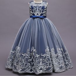 Mooie Tule Royal Blue Flower Girl -jurken voor bruiloften Hoge nek Mouwen Vegele trein 3d Floral Applique Communion Dress Girls Pageant -jurken