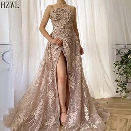 Belle toscane rose pétales dentelle appliques robes de soirée 2020 pour les Occasions spéciales des femmes ceinture a-ligne jupe ouverte robe de bal