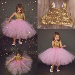 Belle tenue d'anniversaire de filles deux pièces avec jupe en tulle paillettes dorées scintillantes robe de fille de fleur tutu rose pour les mariages enfants tenue de soirée