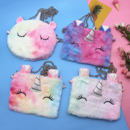 Bolso cruzado con diseño de unicornio para niños, bandolera redonda cuadrada con cadena larga de felpa con dibujos animados para niñas, unicornios sonrientes