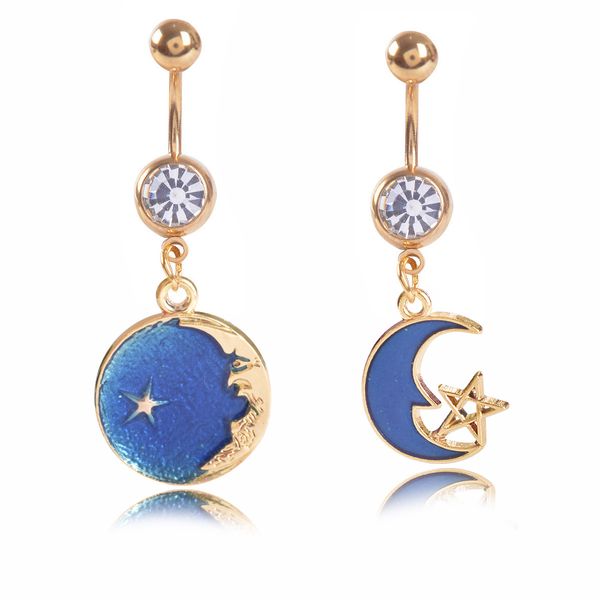 Amoureux Couple Bleu Étoile Lune Étoile Cristal Corps Bijoux En Acier Inoxydable Strass Nombril Cloche Bouton Piercing Dangle Anneaux pour Femmes Cadeau