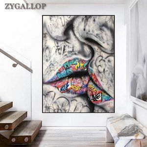 Minnaar Zoenen Graffiti Art Canvas Schilderij Street Art Canvas Posters en Prints Abstract Wall Art Pictures voor Woonkamer Decor