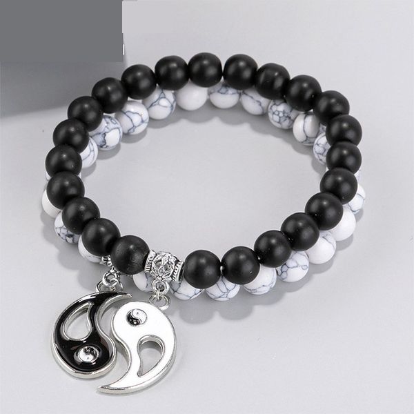 Amoureux cadeau bijoux émaillé Yin Yang potins charme blanc Turquoise noir perles brins Bracelet en gros 2 pièces/ensemble