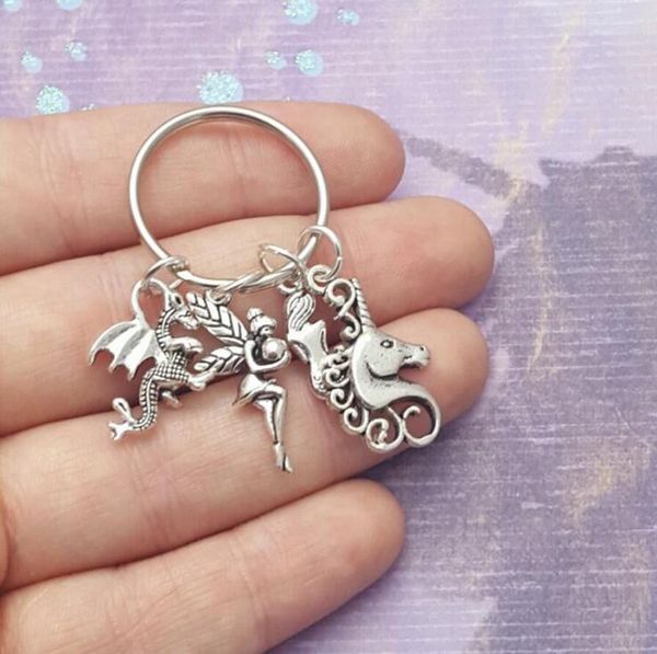 Amoureux porte-clés elfes magiques conte créature licorne sirène petite fée ptérosaure/Dragon pendentif porte-clés créatif Couple bijoux porte-clés