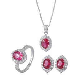 Liefhebbers Royal Ruby Diamond Jewelry Set 925 Sterling Silver Wedding Ring oorbellen ketting voor vrouwen Bridal Engagement Sieraden