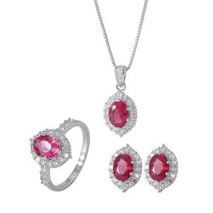 Liefhebbers Royal Ruby Diamond Jewelry Set 925 Sterling Silver Wedding Ring oorbellen ketting voor vrouwen Bridal Engagement Sieraden 231221