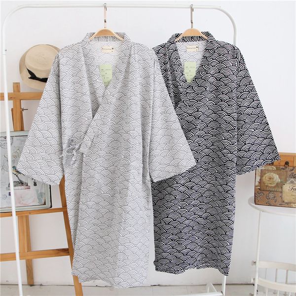 Amantes Simple Sleepwear Japonés Kimono Robes Hombres Primavera Manga larga 100% Albornoz Albornoz Moda Olas Casual Olas Vestido