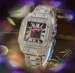 Lovers Square Roman Tank Dial Clock Watch Luxe Fashion Crystal Diamonds Ring Case Heren Dames quartz batterij super Bling Hip Hop Full Iced Out Armband Polshorloge