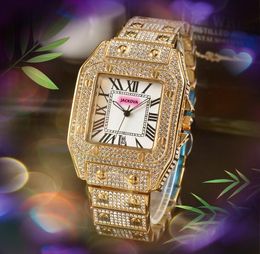 Amoureux carré romain réservoir cadran horloge montre de luxe mode cristal diamants bague boîtier hommes femmes quartz batterie super complet glacé or rose argent bracelet montre-bracelet