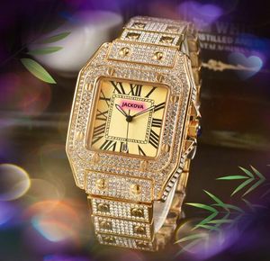 Lovers Square Roman Tank Dial Clock Watch Luxe Fashion Crystal Diamonds Ring Case Heren Dames quartz batterij super Full Iced Out Armband Polshorloge Montre de Luxe