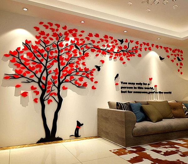 Amoureux arbre tridimensionnel acrylique Stickers muraux pour voir l'arbre vert chien moule TV fond décoration murale ameublement M3824149