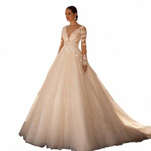 Loverxu A-Line elegante vestido de boda 2024 con cuello en V manga LG tul Vestido de Novia apliques con cuentas delicado Robe de Mariee h6dR #