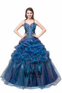 Loverxu Elegant Blue Ball Toga Quinceanera Jurk 2018 In voorraad Borduurwerk Kralen V-hals Debutante Toga