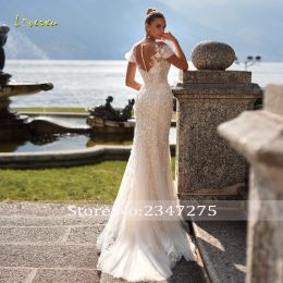 Loverxu Mermaid Graceful Wedding Dresses 2024 V-hals Cap Sleeve Vestido de novia Lace lovertjes afneembare trein gewaad de mariee