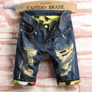 Lovzon heren gaten denim shorts mannen knielengte korte jeans mode mannelijke rechte casual 210629