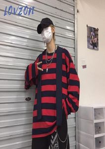 Lovzon Trendy Fashion Punk Men Harajuku Zwart Rood Striped T -shirt Man Loose Oversize oneck T -shirt Tops Summer2137947