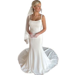 Robe de mariée sirène en crêpe extensible à dos bas pour la mariée col carré bretelles Spaghetti robes de mariée Vestidos de noiva