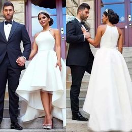 Lage jurken High Simple Wedding Bridal Jurk Halter Satin TuLle Custom Made Plus Size mouwloos strand Boho Vestidos de novia