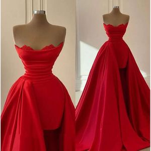 Lage jurken Rood prom Hoog strapless geschulpte kant satijn op maat gemaakte plooien avondjurk formele ocn slijtage vestidos plus maat
