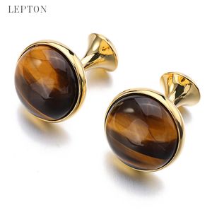 Low-key luxe tijger-eye stenen manchetknopen voor heren Lepton Hoge kwaliteit Ronde Tigereye Stone Cuff Links Relojes Gemelos Best Gift