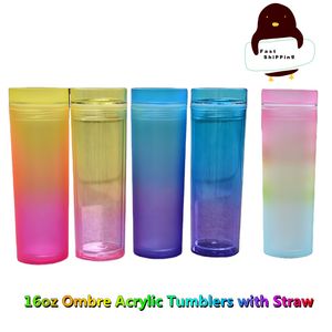 Lage MOQ 16OZ Verloop Acryl Skinny Tumblers met Stro Deksel Dubbele Ommuurde Herbruikbare Plastic Cups in Rainbow Colors Draagbare Ombre Kantoor Koffie Bekers DIY Custom Logo