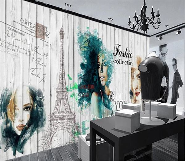 Original Pour papier peint mode européenne et américaine style bois aquarelle beauté magasin de vêtements fond mur papier peint