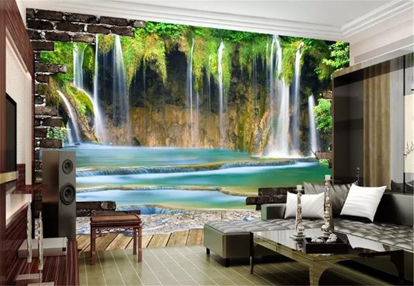 Prix bas Gros papier peint eaux qui coule cascade 3D paysage Mural papier peint impression numérique HD papier peint