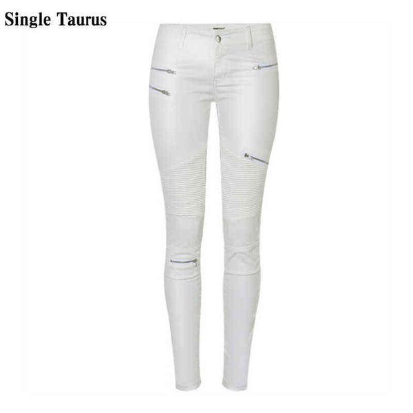 Taille basse en cuir PU Pantalons Femmes Streetwear Faux Fermetures à glissière Blanc Cargo Punk Push Up Plus Taille Skinny Enduit Jean Mujer 211124