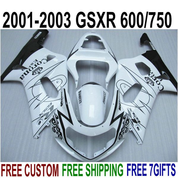 Kit de carenado abs de precio más bajo para SUZUKI GSX-R 600 750 2001 2002 2003 K1 juego de carenados Corona blanco negro GSXR600/750 01-03 RA87