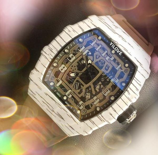 Prix le plus bas hommes batterie chronographe mouvement à quartz montre 43mm ceinture en caoutchouc coloré cadeaux en fibre de grain de bois glacé hip hop numérique numéro montre-bracelet cadeaux
