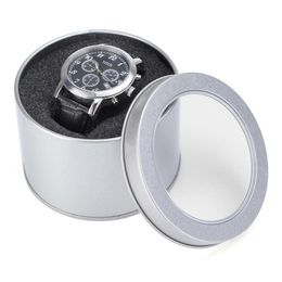 Le plus bas argent rond en métal bijoux montre cadeau boîte vitrine avec coussin 3 54x2 36 montre organisateur support de la boîte glitte3121