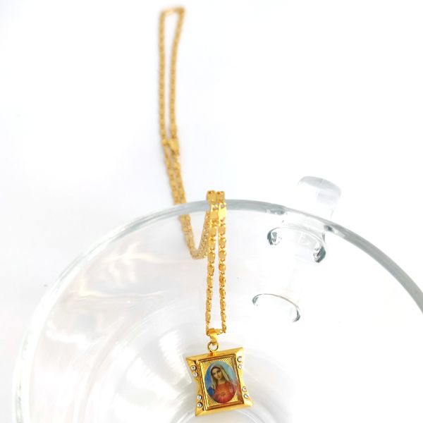Leal Santo Colgante joya Madre 24 K Amarillo Sólido G / F Oro CZ Lady Mary diosa icono Collar fino Cadena 600 mm