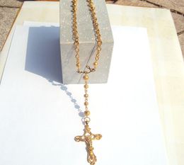 Femmes fidèles Cool pendentif Fine or jaune G/F saint chapelet jésus larges perles pull en laine chaîne collier Fixe2257578