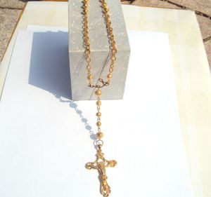 Mujeres leales colgante fresco oro amarillo fino G/F Santo Rosario Jesús cuentas anchas suéter de lana collar de cadena fija 7601984